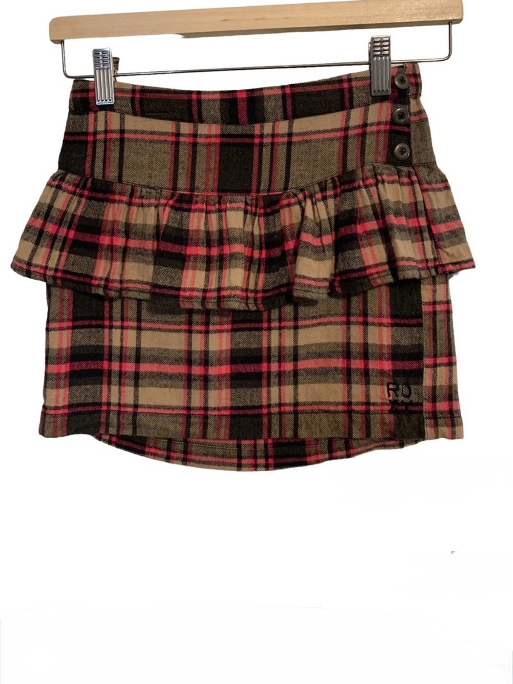 Roxy girls medium cotton ruffle mini skirt herringbone plaid elastic waist brown
